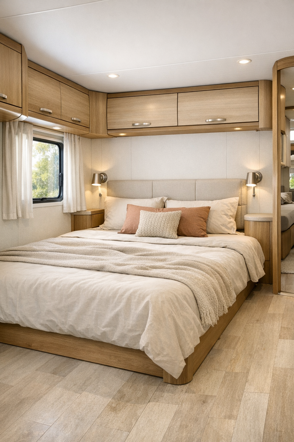 RV bedroom with low platform bed and soft neutral textiles