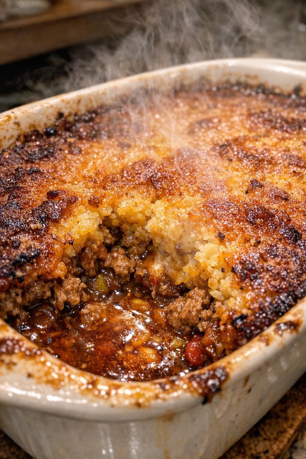 Finished beef tamale pie bubbling in a ceramic baking dish