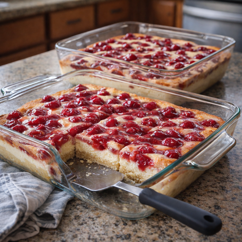 Cherry cheesecake bars in glass baking dishes on a kitchen counter