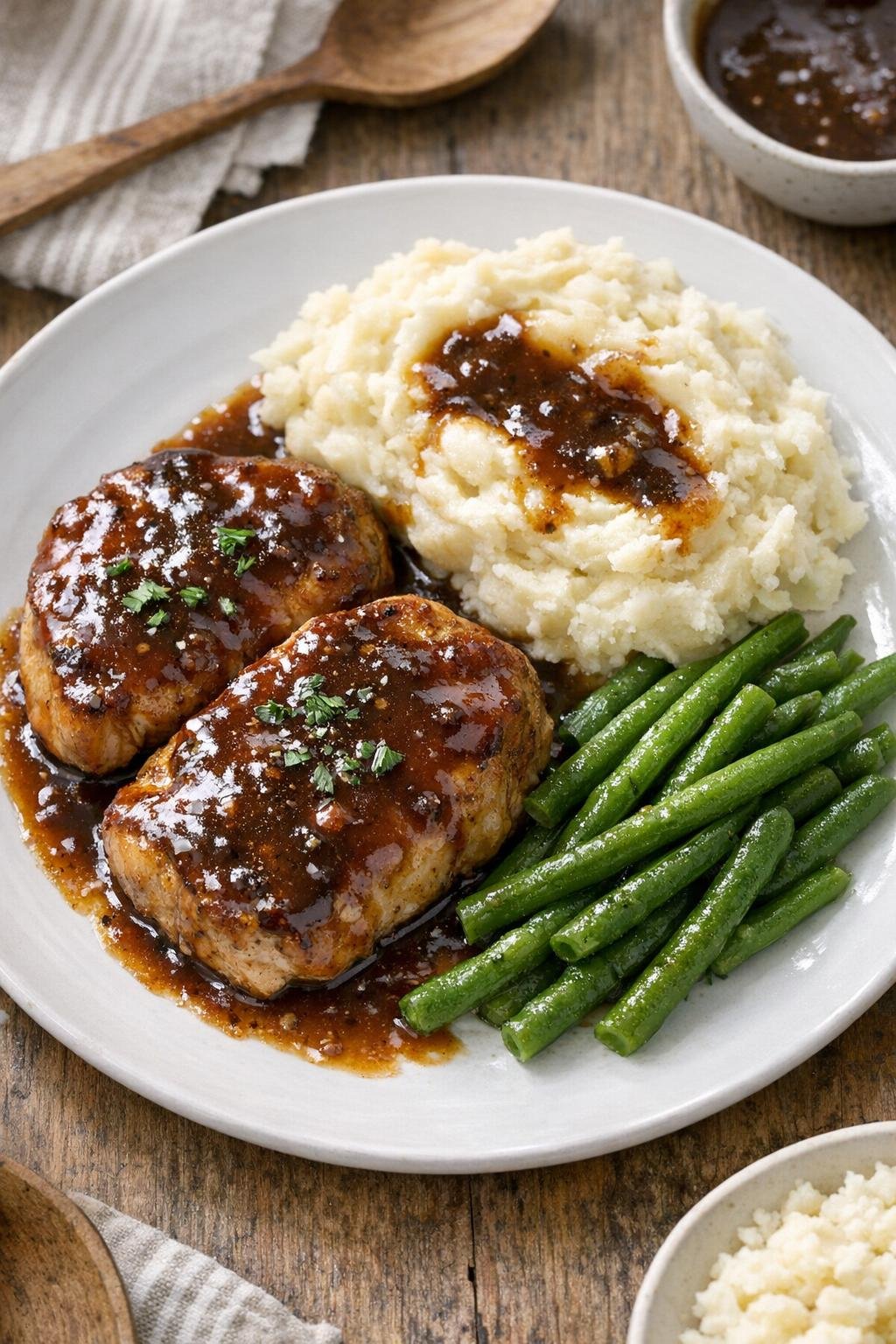 Finished slow cooker boneless pork chops plated with sauce