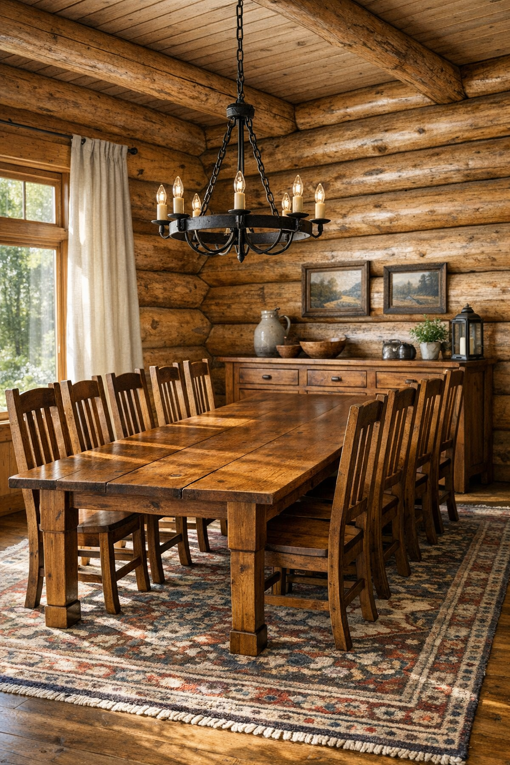 Amish-crafted dining room with a long wood table, high-back chairs, and soft warm lighting
