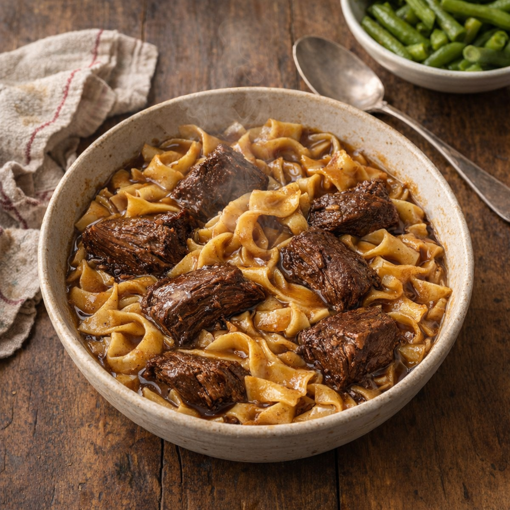Slow cooker beef and noodles served in a simple bowl on a farmhouse table