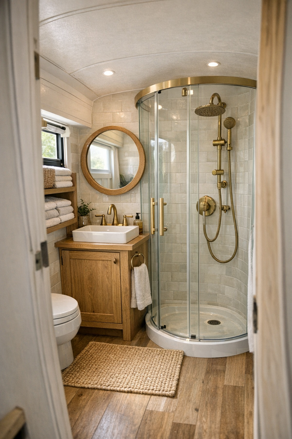 Small converted bus bathroom with corner shower, pale tile, and wood vanity