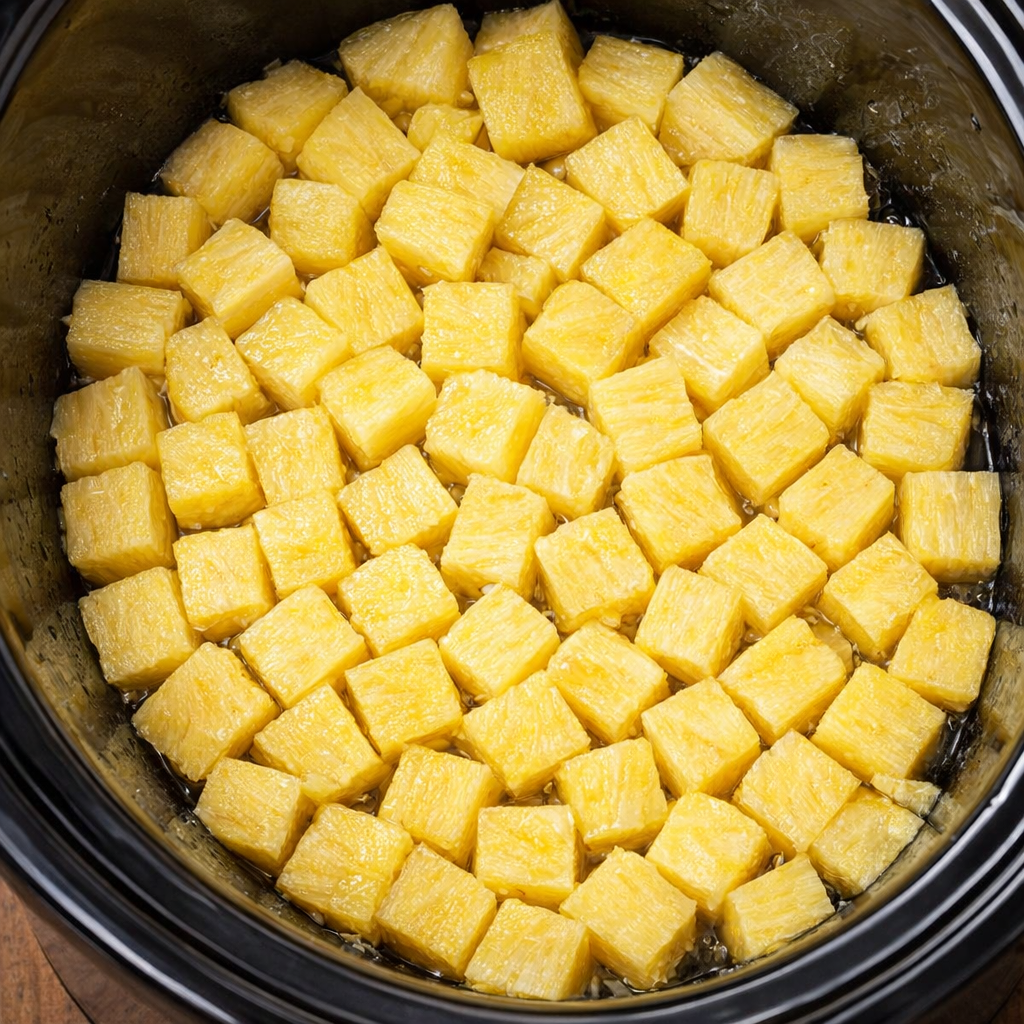 Pineapple chunks layered in a slow cooker