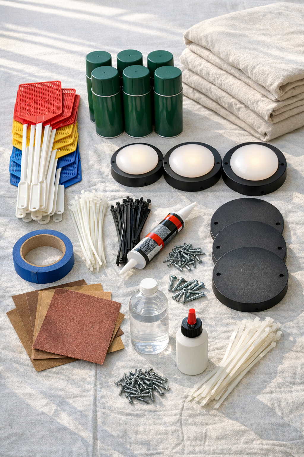 Materials for faux palm leaf porch sconces laid out on a work surface