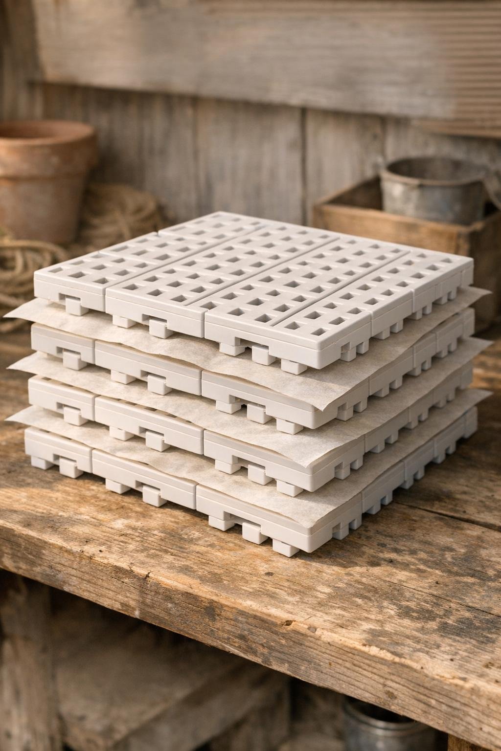 Finished tiles stacked with parchment between them for storage