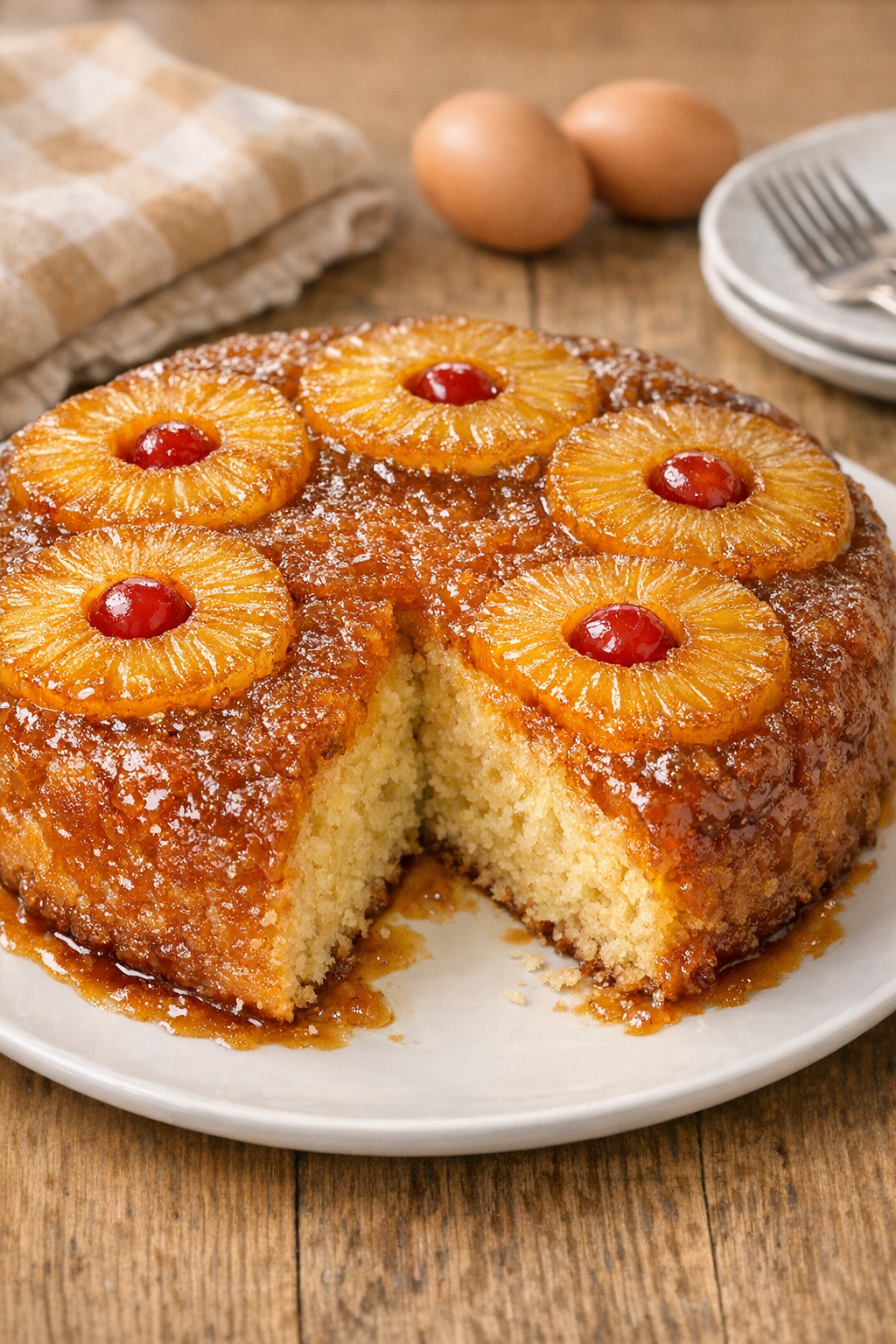 Finished pineapple upside down cake on a serving plate