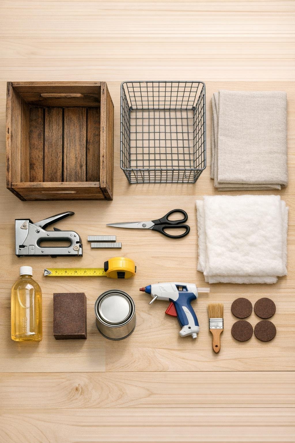 Materials for making an entryway glove bin arranged neatly on a work surface