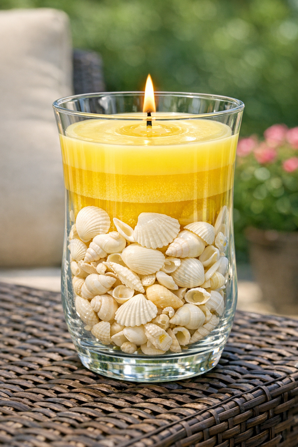 Finished shell and layered citronella wax hurricane vase centerpiece on a patio table