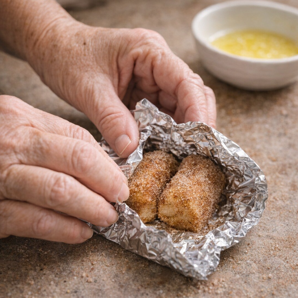 Hands folding foil parcels around cinnamon-coated dough