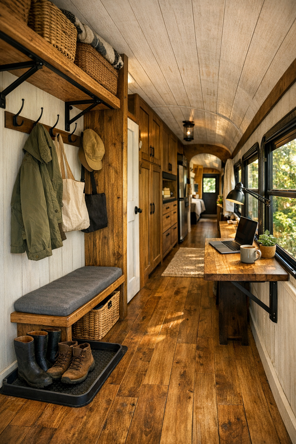 Smart built-in storage and entry area inside a rustic converted bus