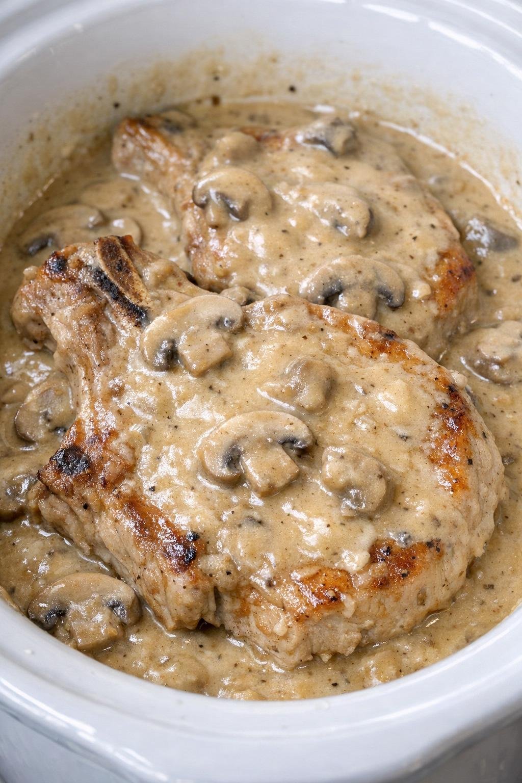 Slow cooker cream of mushroom pork chops finished in the cooker