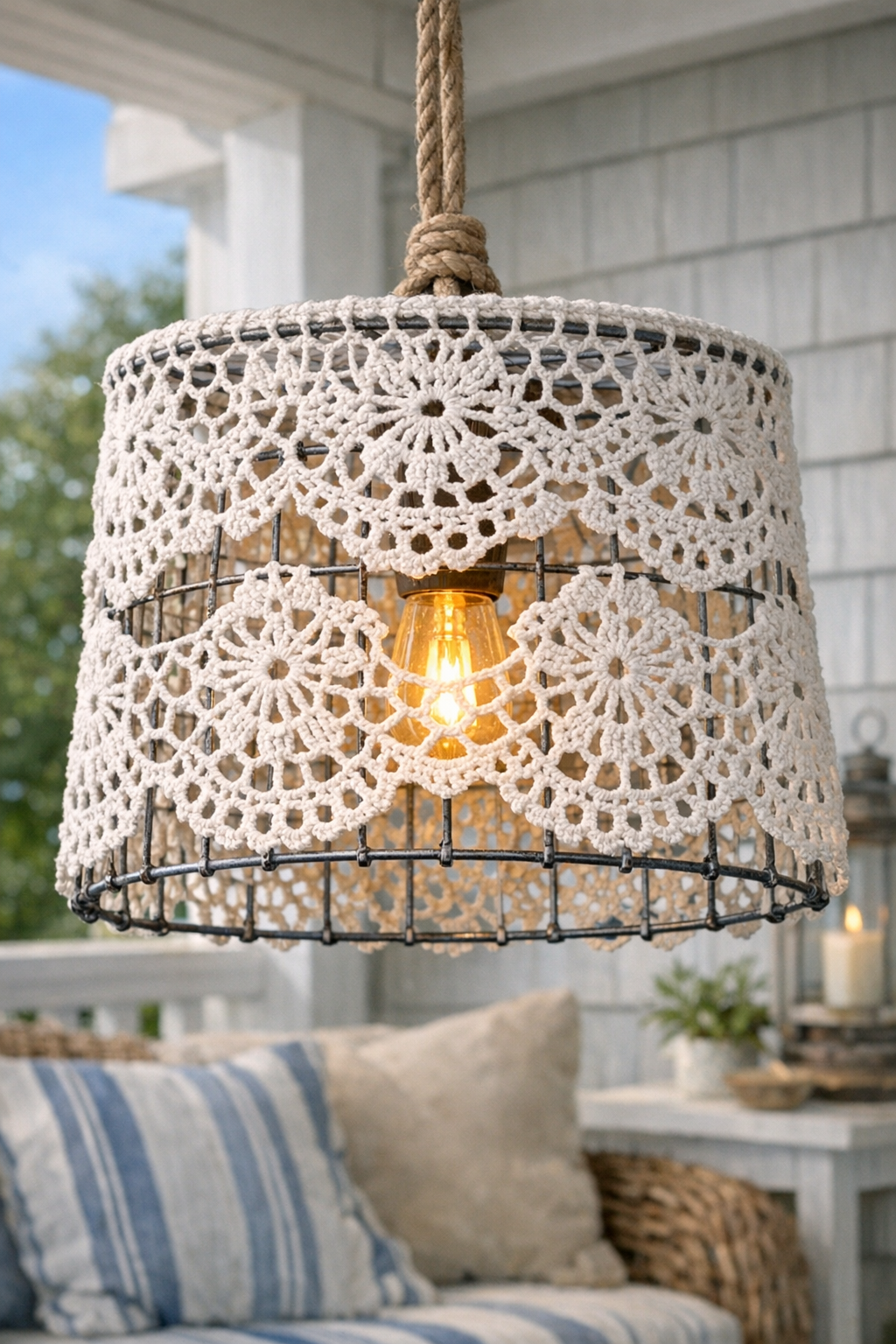 Finished crocheted outdoor lampshade made from a wire lobster trap