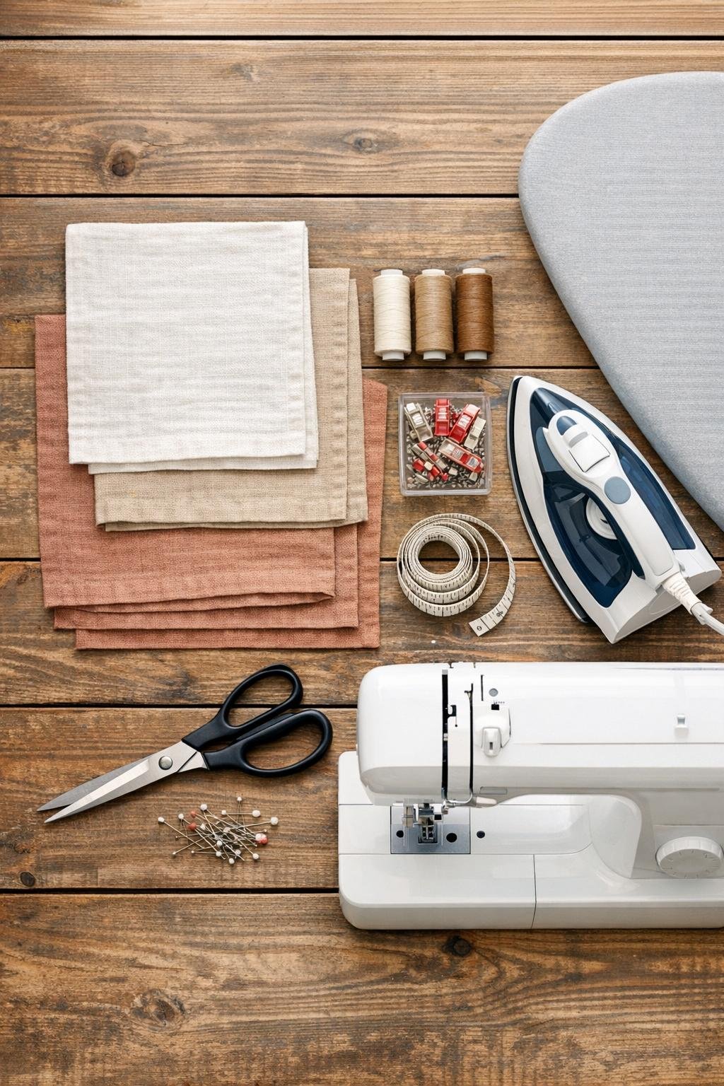 Three old linen napkins and sewing materials laid out for a table runner project