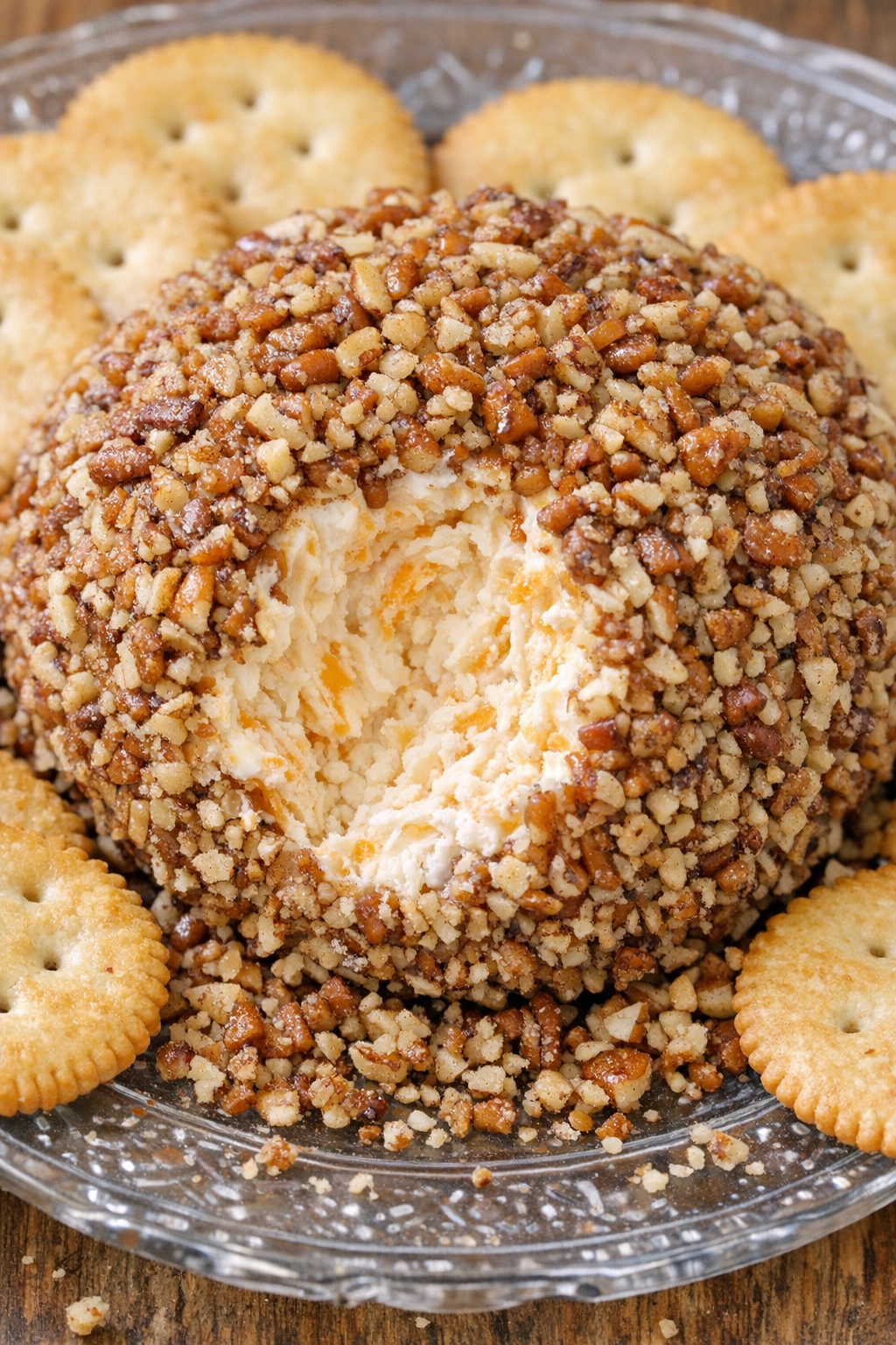 Southern 4-ingredient pecan cheese ball on a glass serving platter