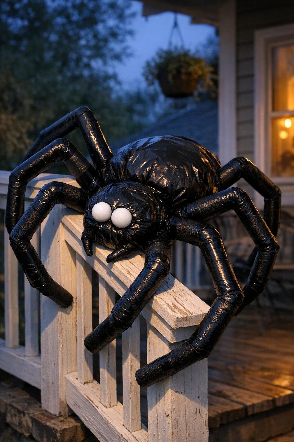 Finished giant black yard spider climbing a porch railing