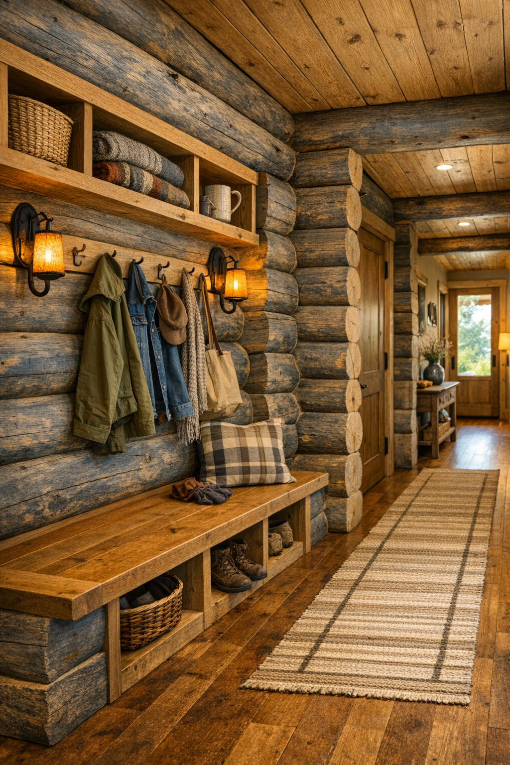 Entry and hallway area with log walls, built-in bench, cubbies, and warm sconces