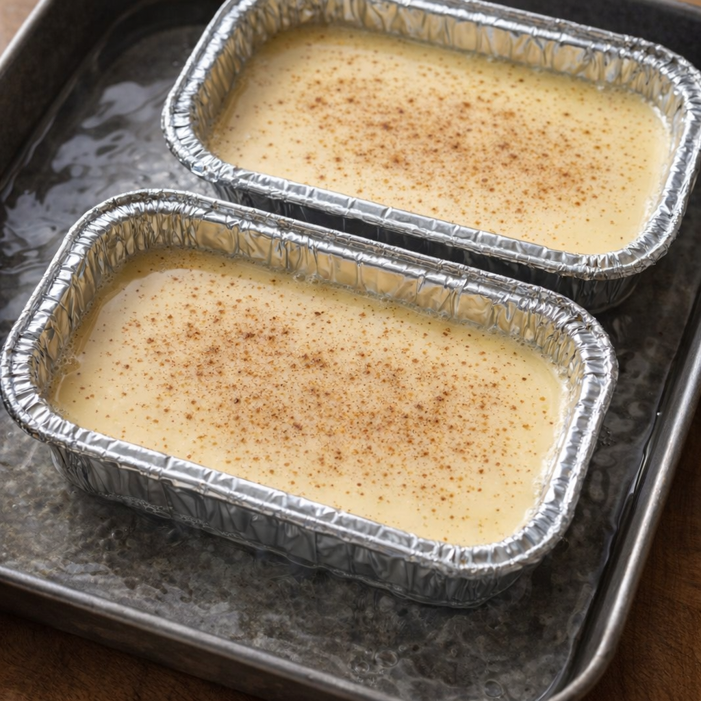 Foil trays of custard sitting in a water bath before baking