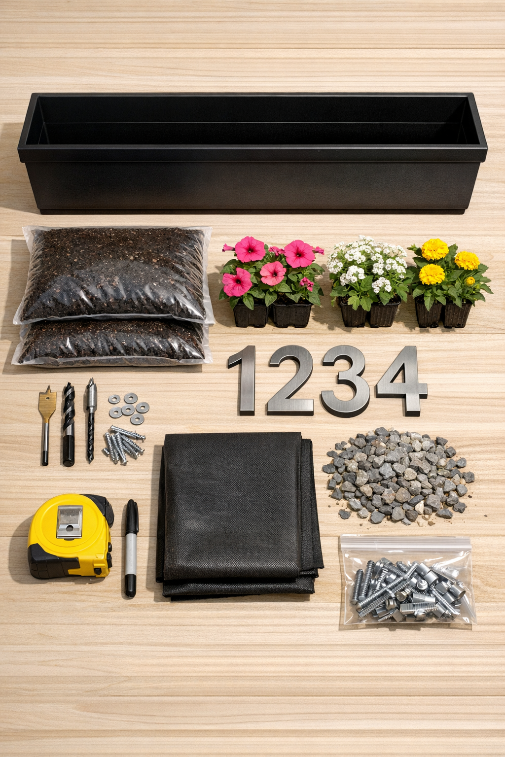 Materials for an outdoor address planter laid out neatly