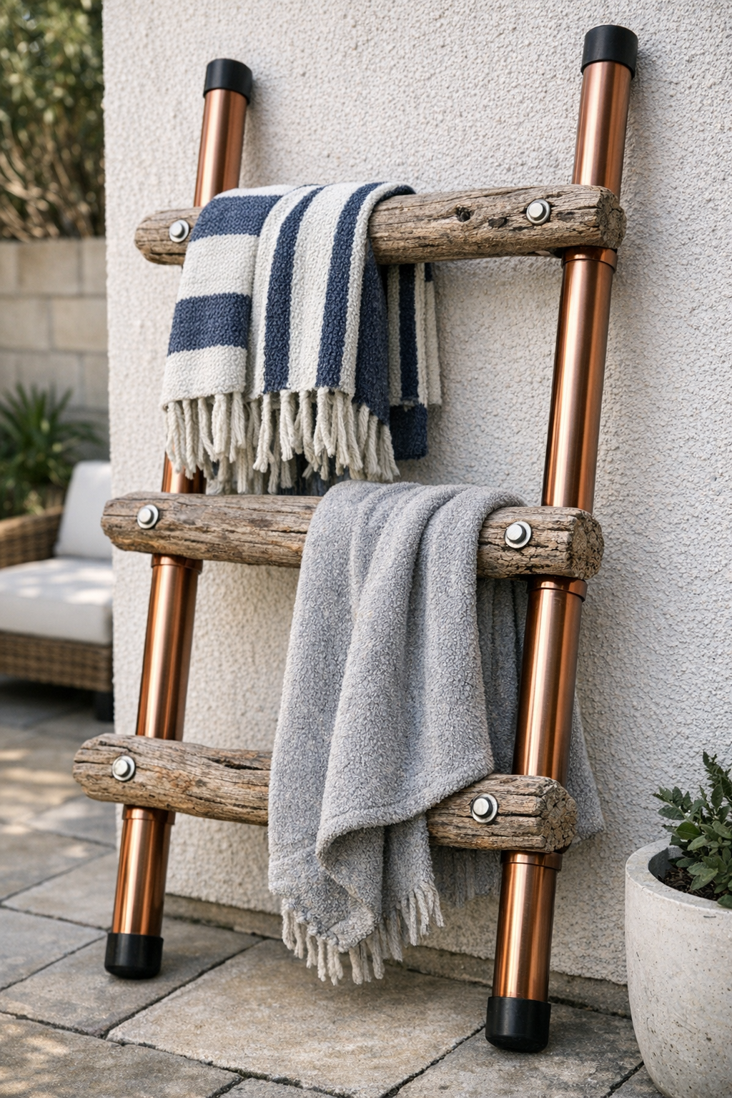 Finished outdoor blanket ladder made from driftwood branches and copper pipes