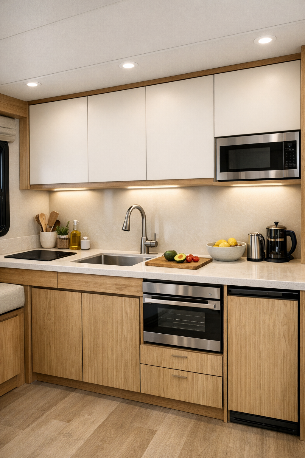 Compact accessible RV kitchen with oak and cream cabinetry, solid-surface counters, and under-cabinet lighting