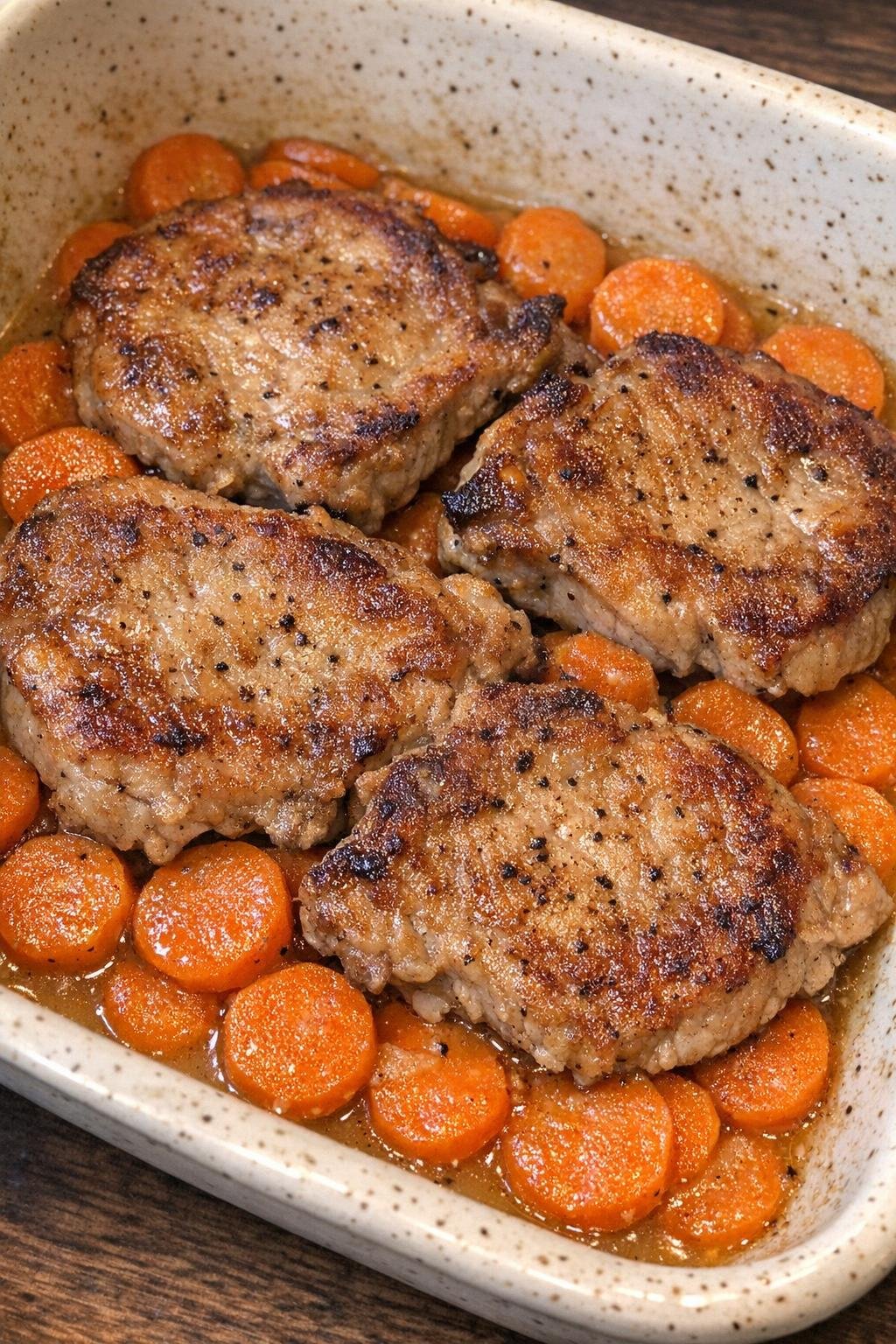 Golden browned pork chops over soft carrot rounds in a cream enamel baking dish