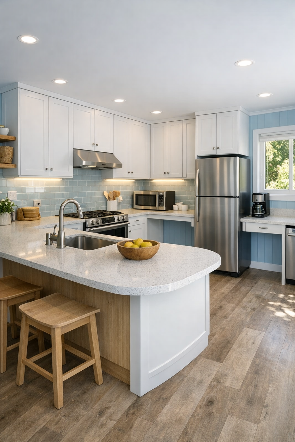 Accessible kitchen with matte white cabinets, pale quartz counters, and soft blue tile backsplash