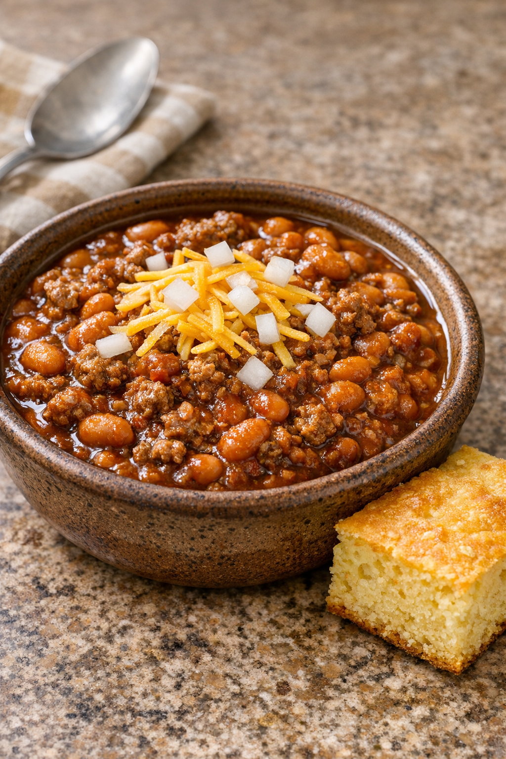 Final plated bowl of poor man chili with cornbread on the side