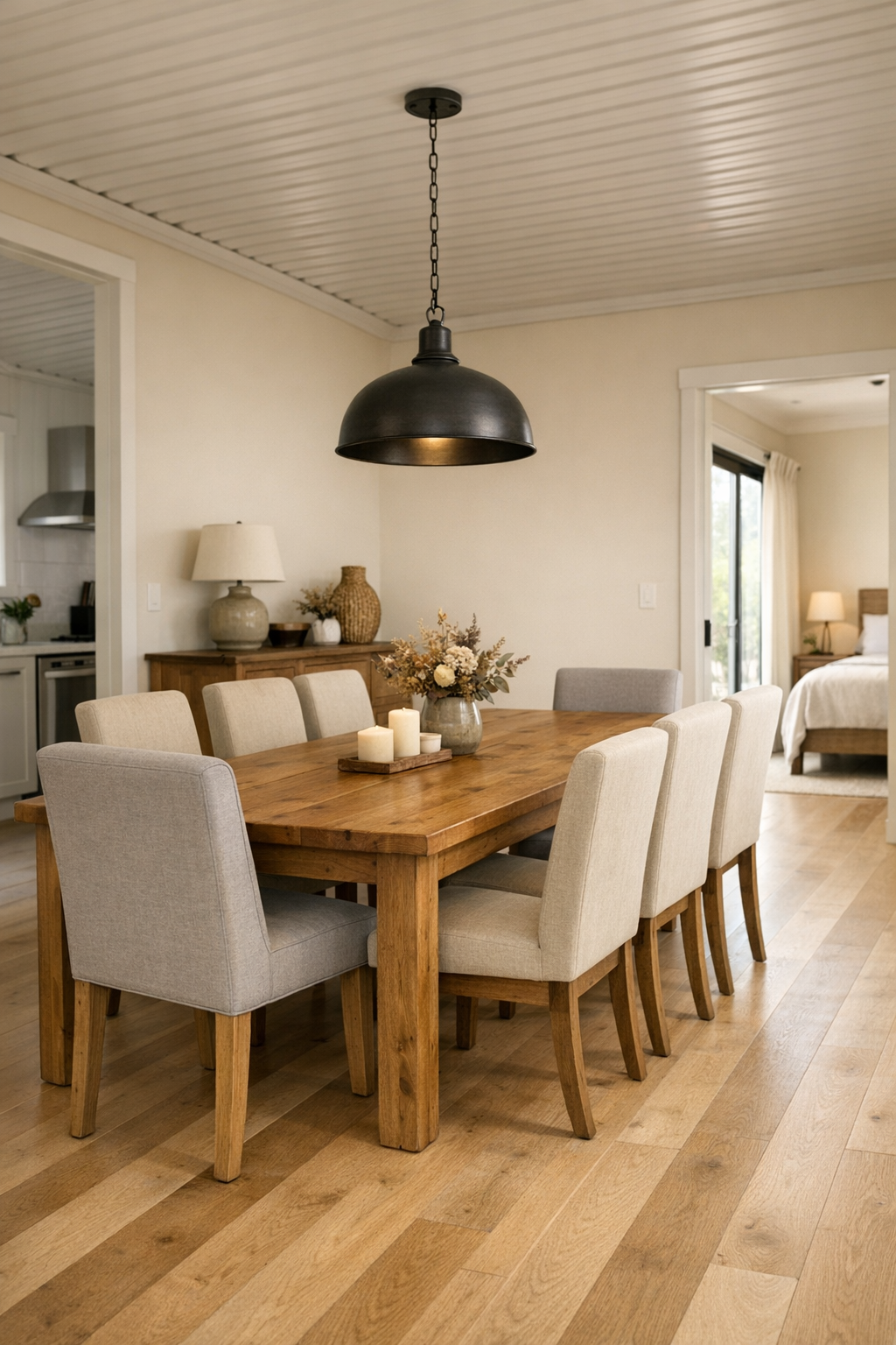 Bright dining room with wood table and soft neutral finishes