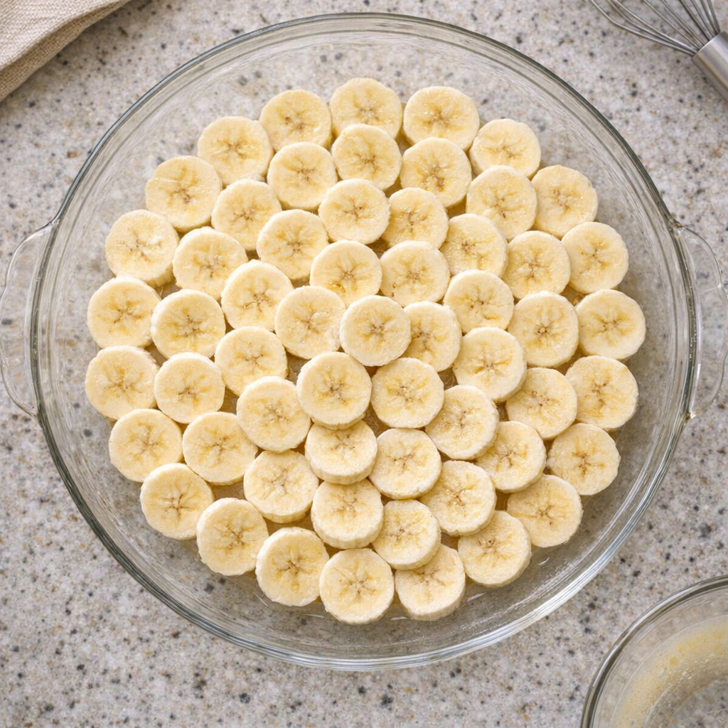 Sliced bananas arranged in a pie plate