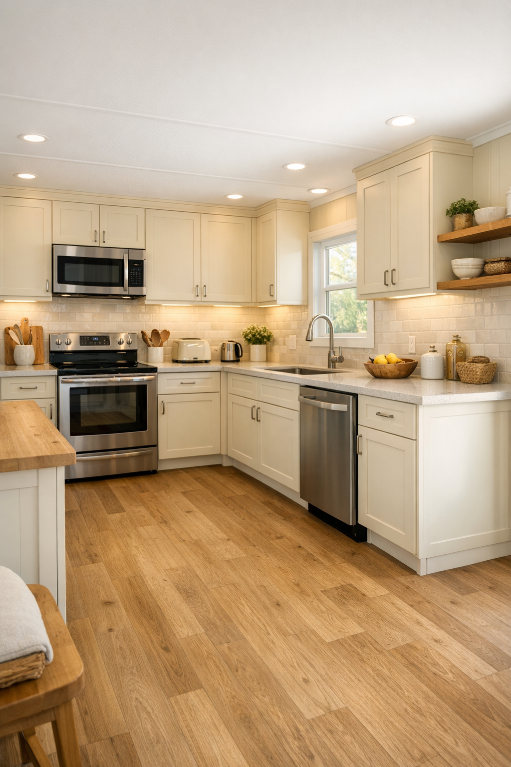 Bright kitchen with cream cabinets, quartz counters, and warm wood accents