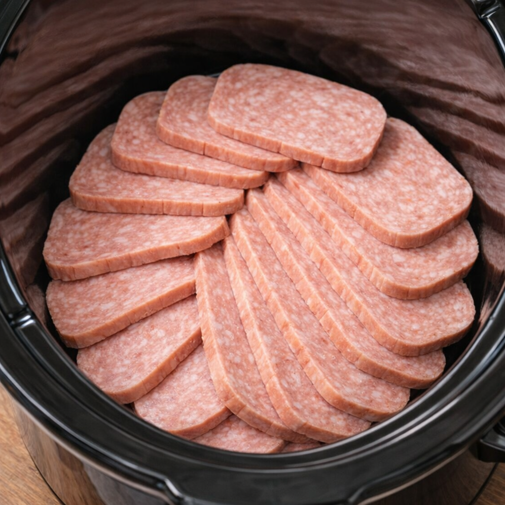 Sliced pork luncheon meat arranged in a slow cooker