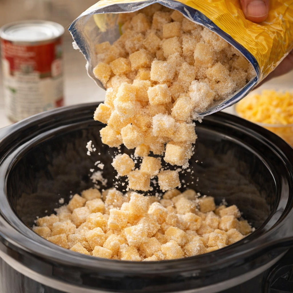 Frozen diced hash browns poured into a slow cooker insert