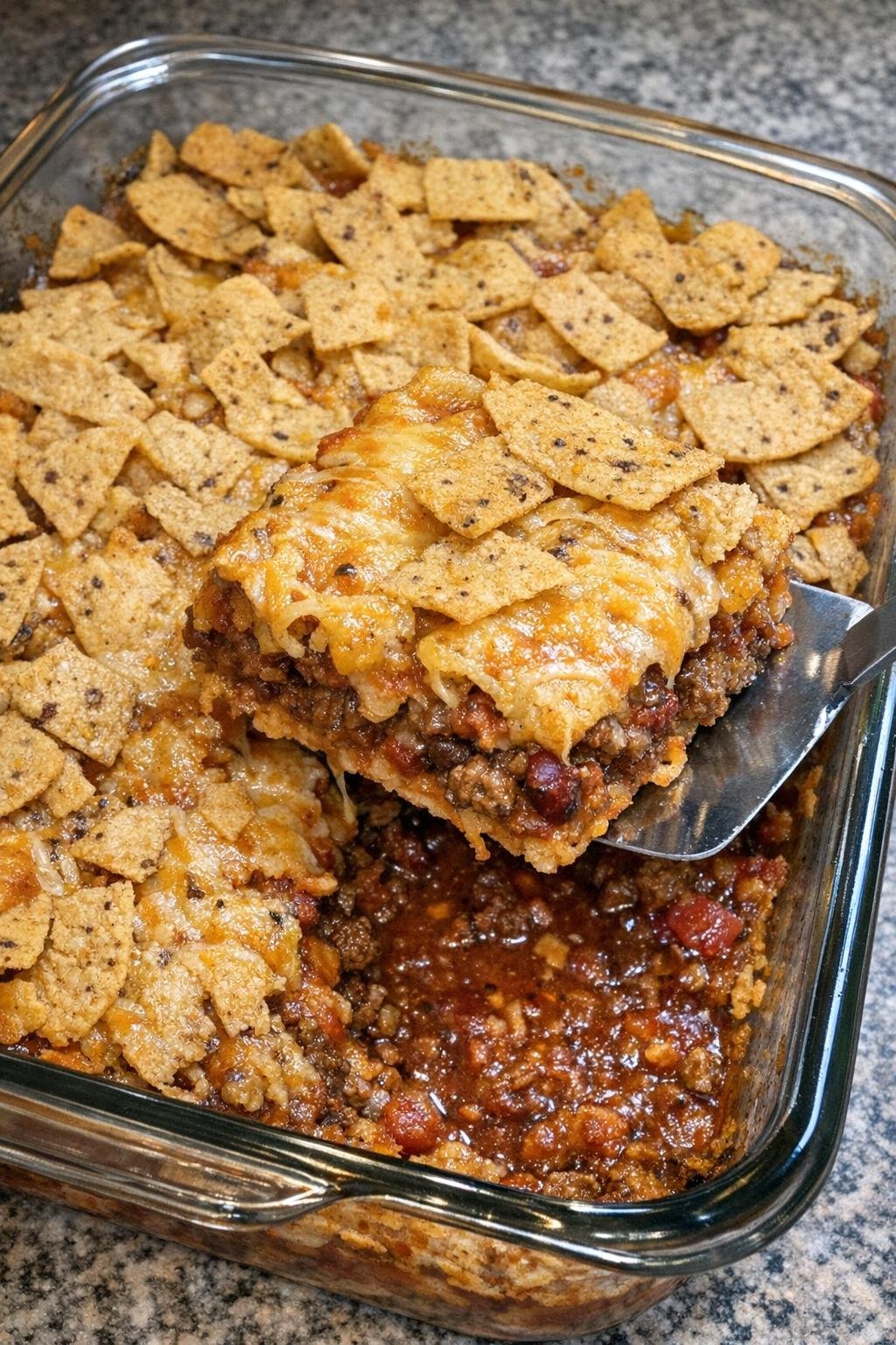 Frito chili pie casserole in a glass casserole dish