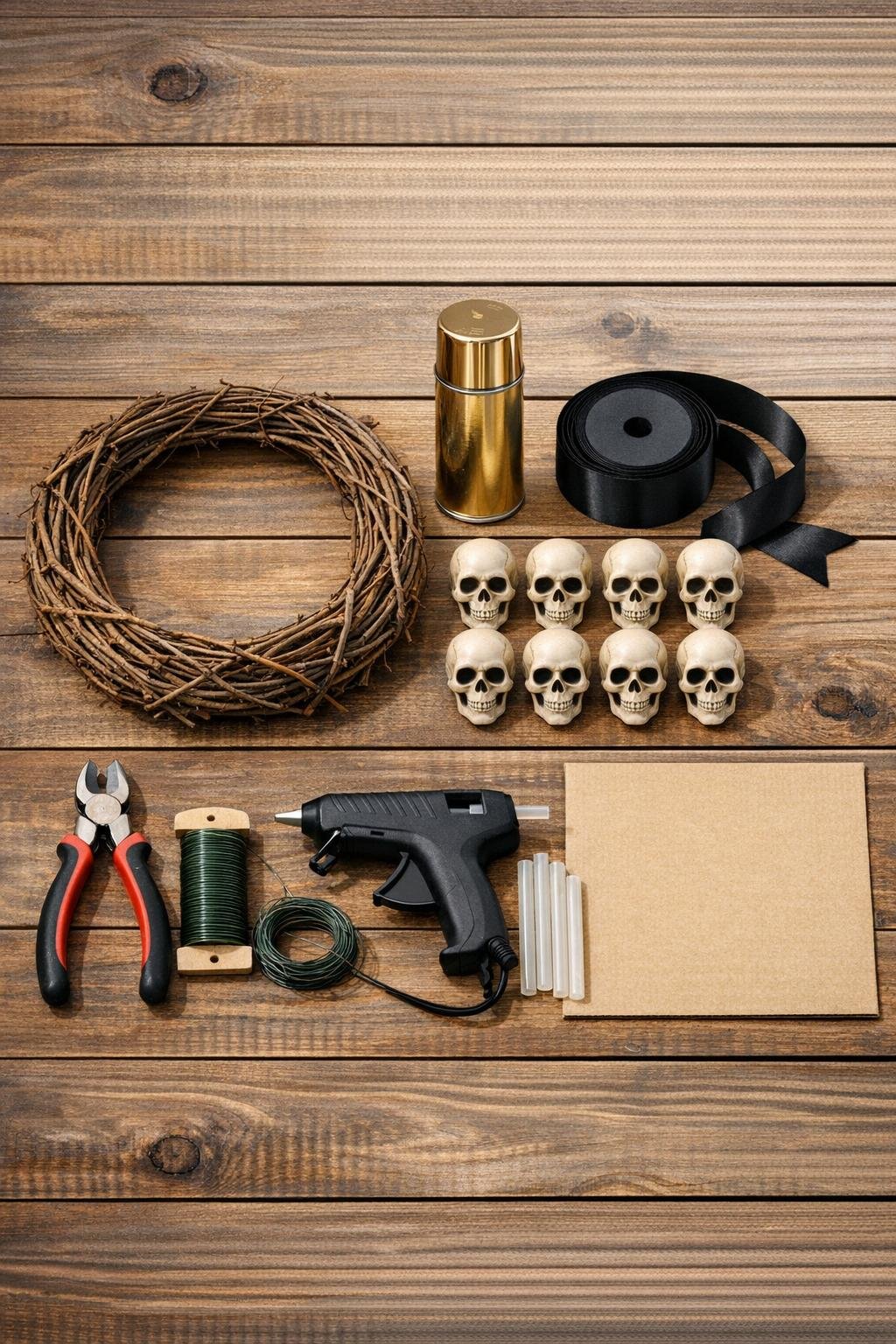 Materials for a gilded skull wreath laid out on a table
