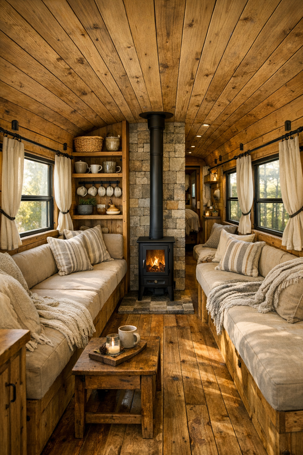 Rustic converted bus living room with built-in bench seating and wood stove