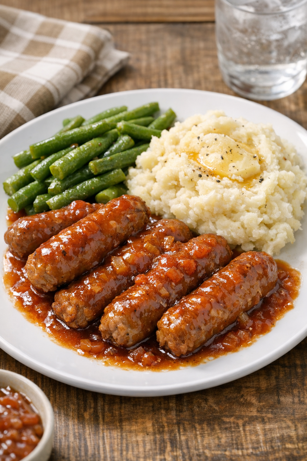Plated slow cooker pork sausage links with glossy sauce