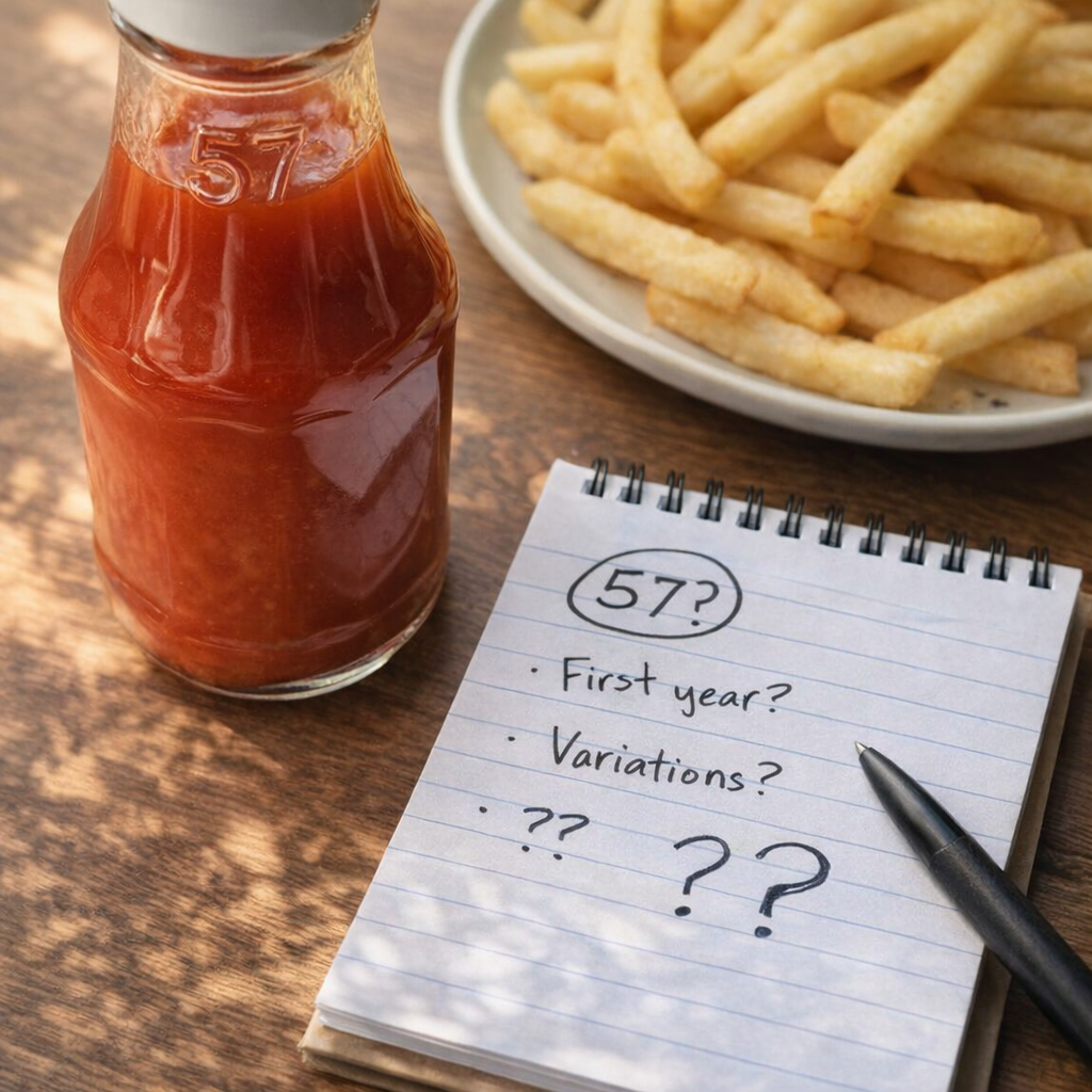 Ketchup bottle beside a handwritten note listing myths about the number 57