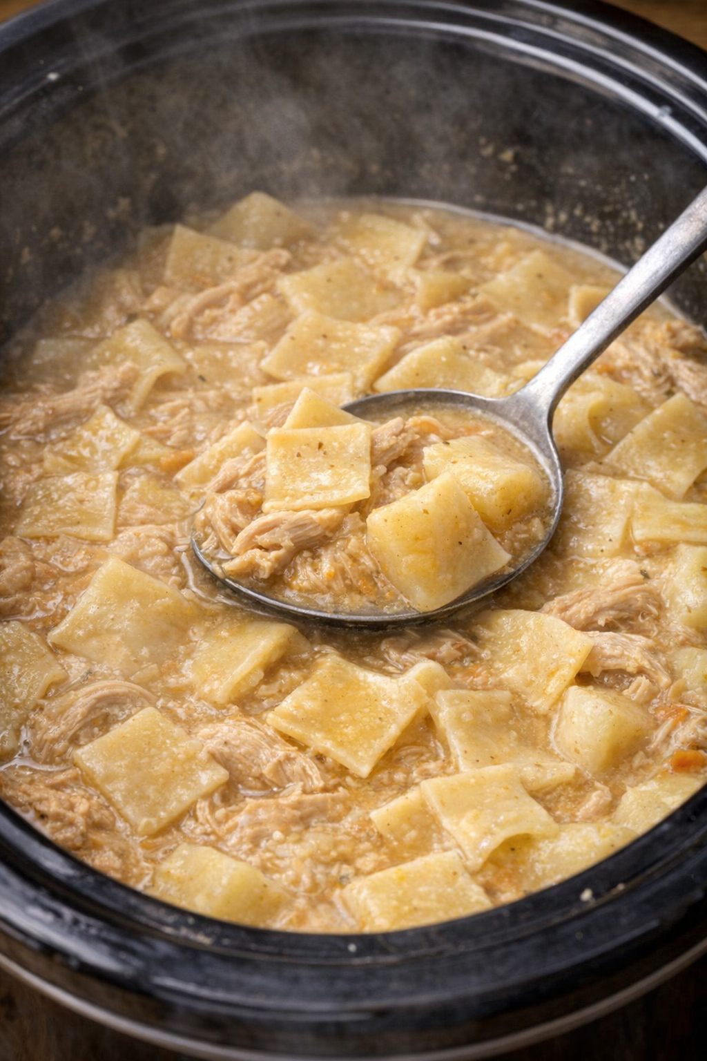 Wide egg noodles softening in creamy broth