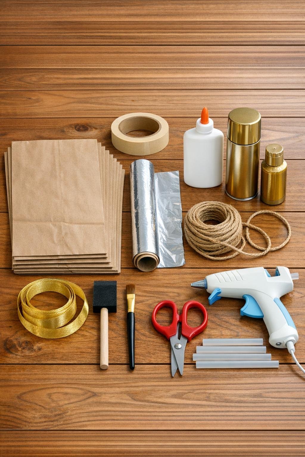Brown paper lunch bags and supplies laid out for making giant gilded paper porch ornaments