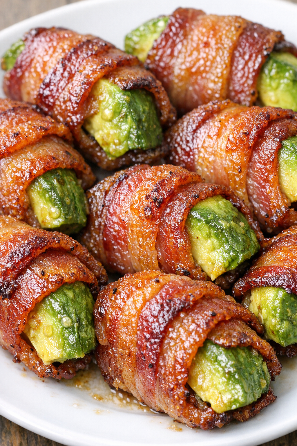 Low carb bacon avocado bombs on a white plate