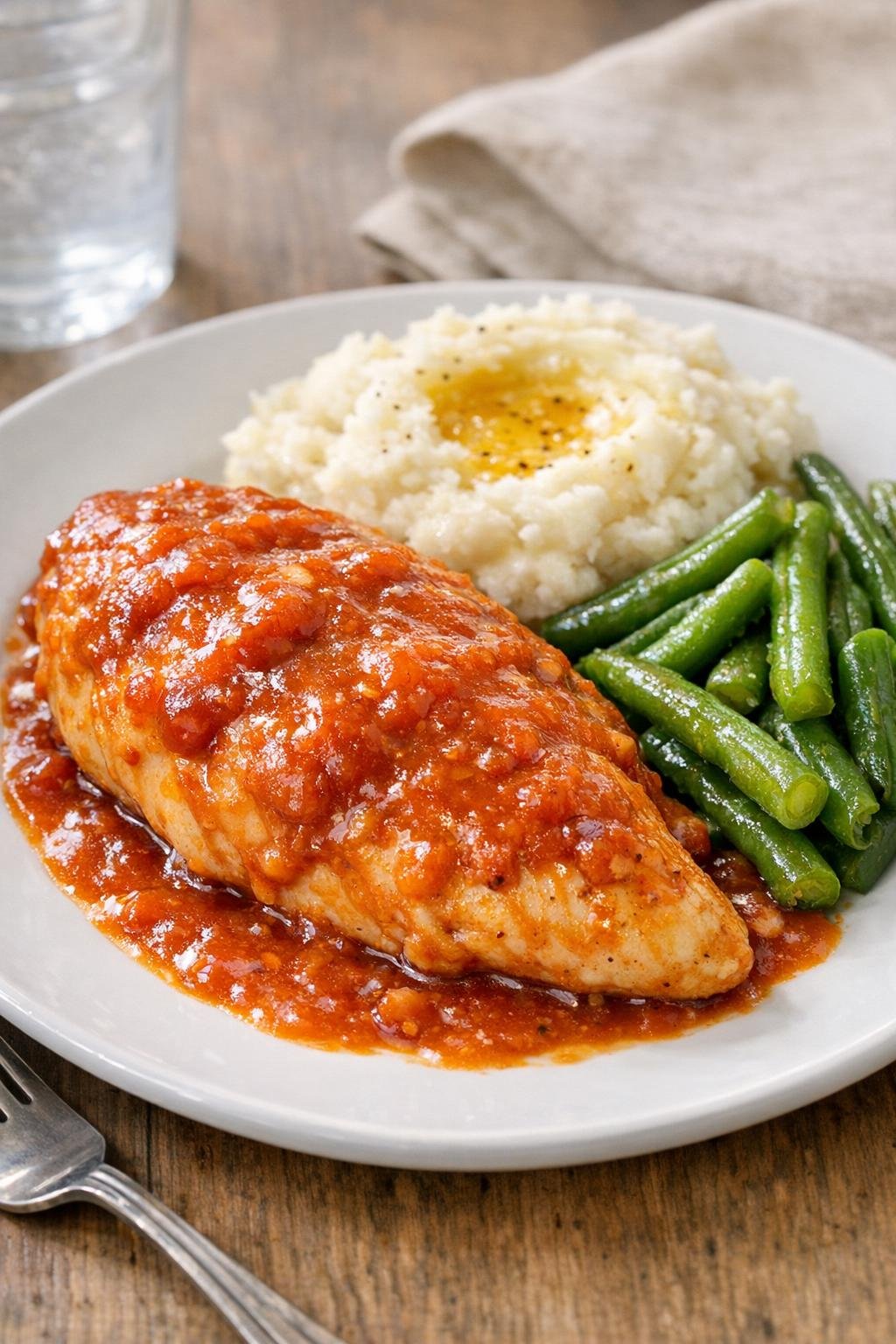 Finished baked split chicken breasts plated with sauce
