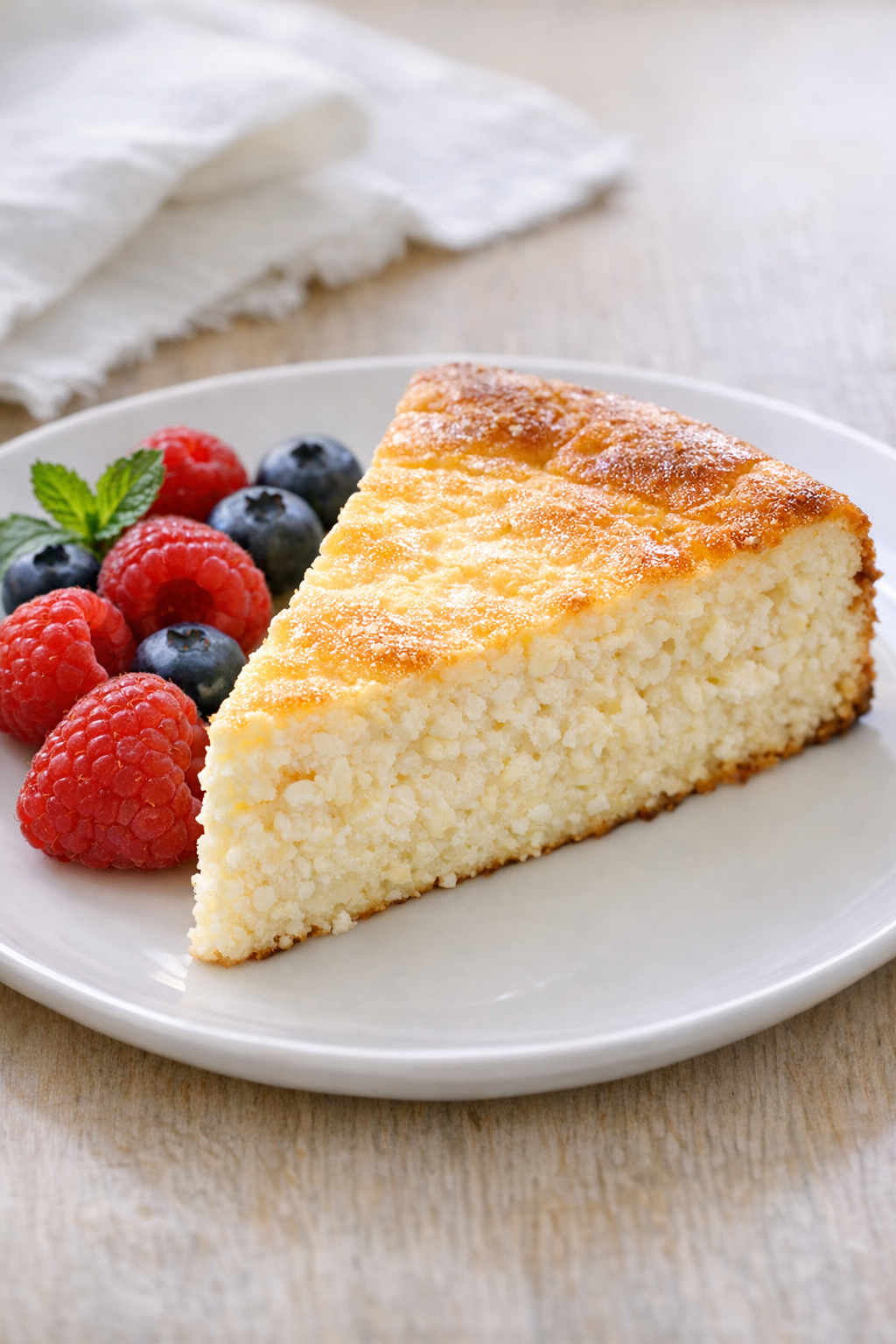 Plated slice of baked cottage cheese dessert with berries