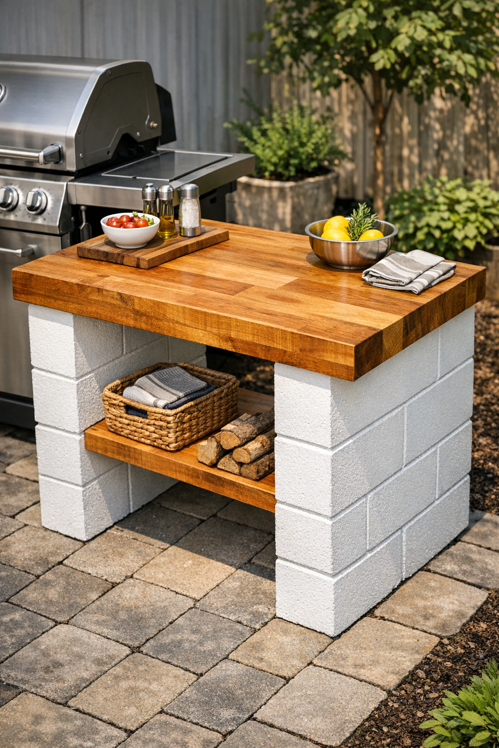 Finished outdoor prep table with butcher block top on painted cinder blocks