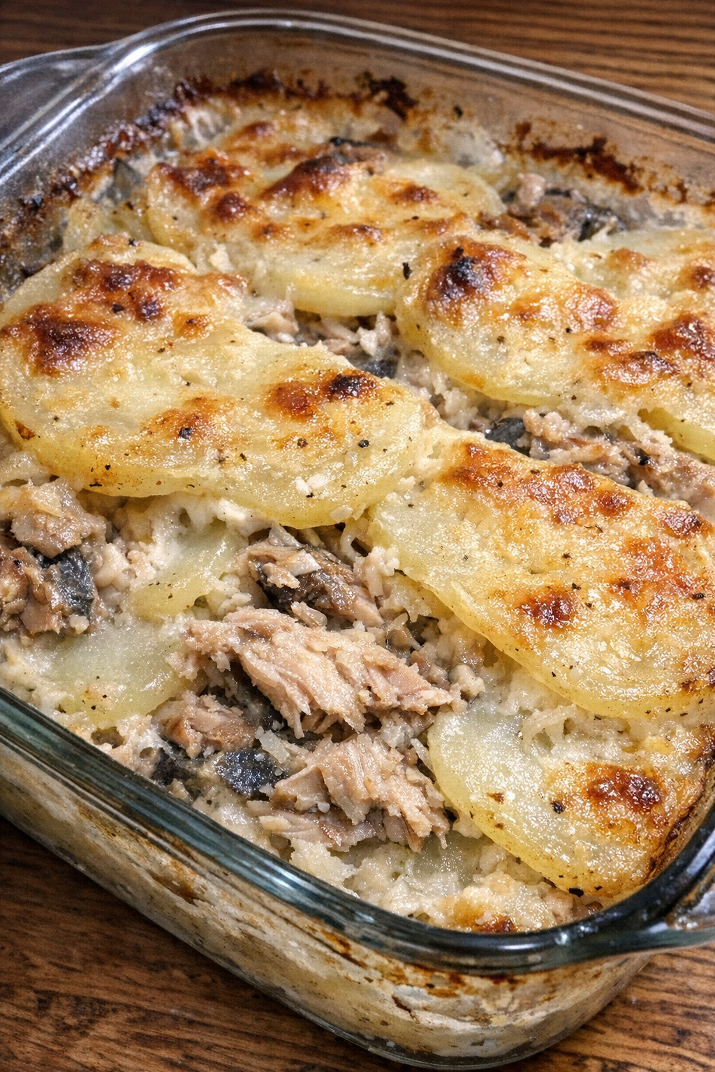 Close-up of baked mackerel potato casserole