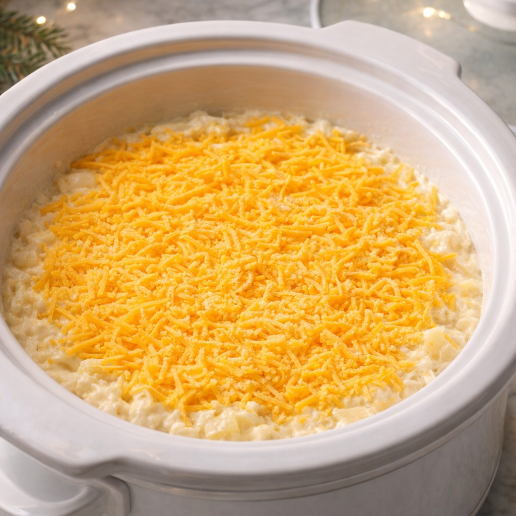Cheddar-topped potato casserole ready to cook in slow cooker