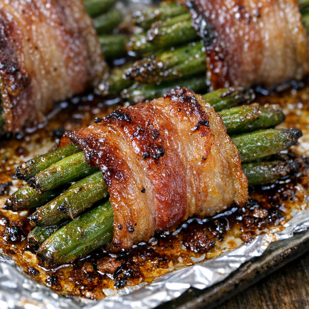 Southern 3-ingredient bacon wrapped green beans on a foil-lined baking tray