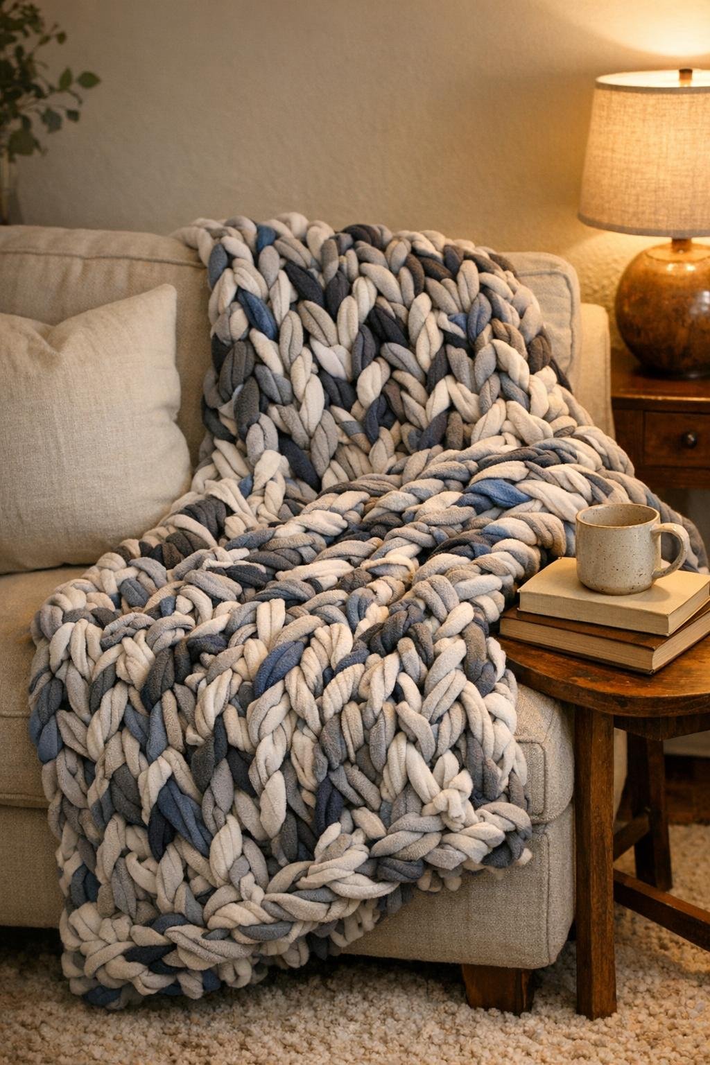 Finished chunky knit throw made from old t-shirts draped on a sofa