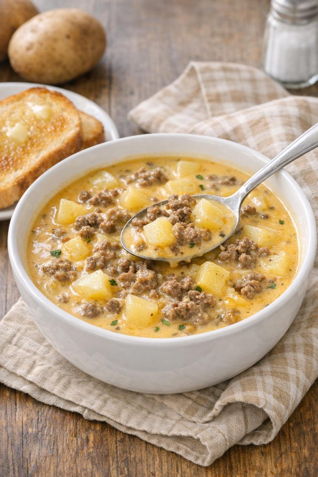 Final plated cheeseburger soup served hot with toast
