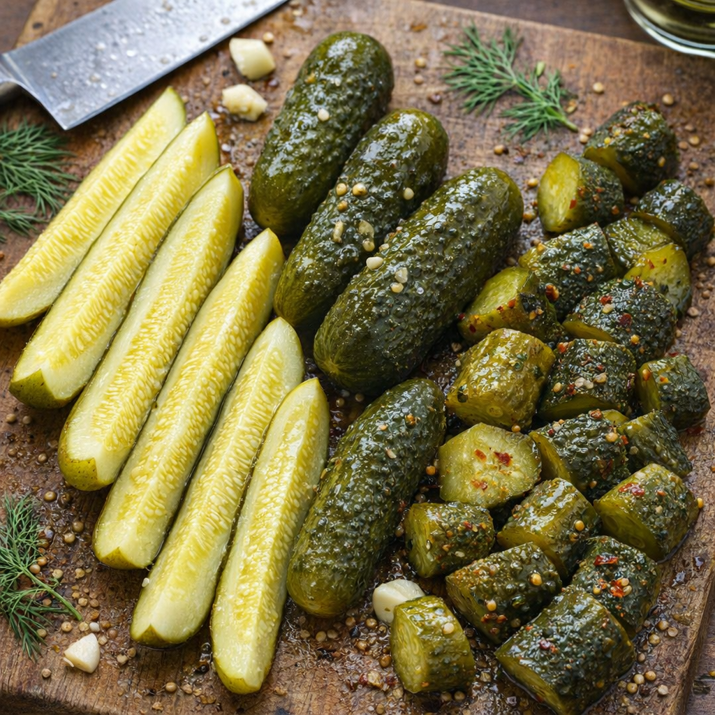 Different dill pickle varieties prepared for bacon bites
